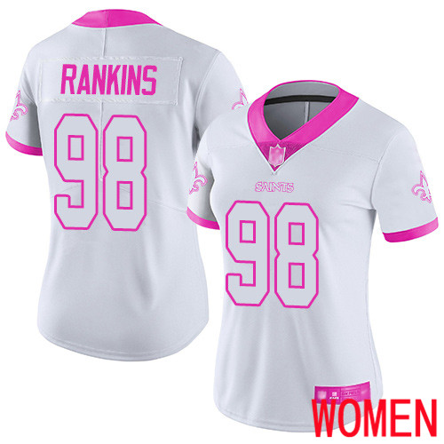 New Orleans Saints Limited White Pink Women Sheldon Rankins Jersey NFL Football #98 Rush Fashion Jersey
